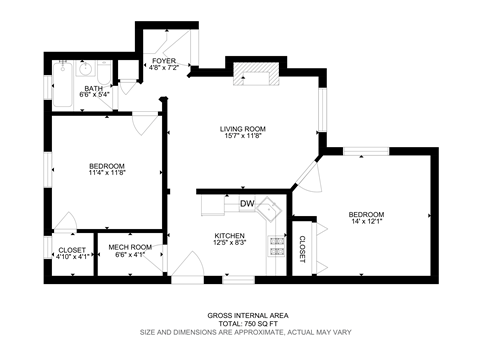 Floor plan for 2 beds, 1 bath, 652 sqft